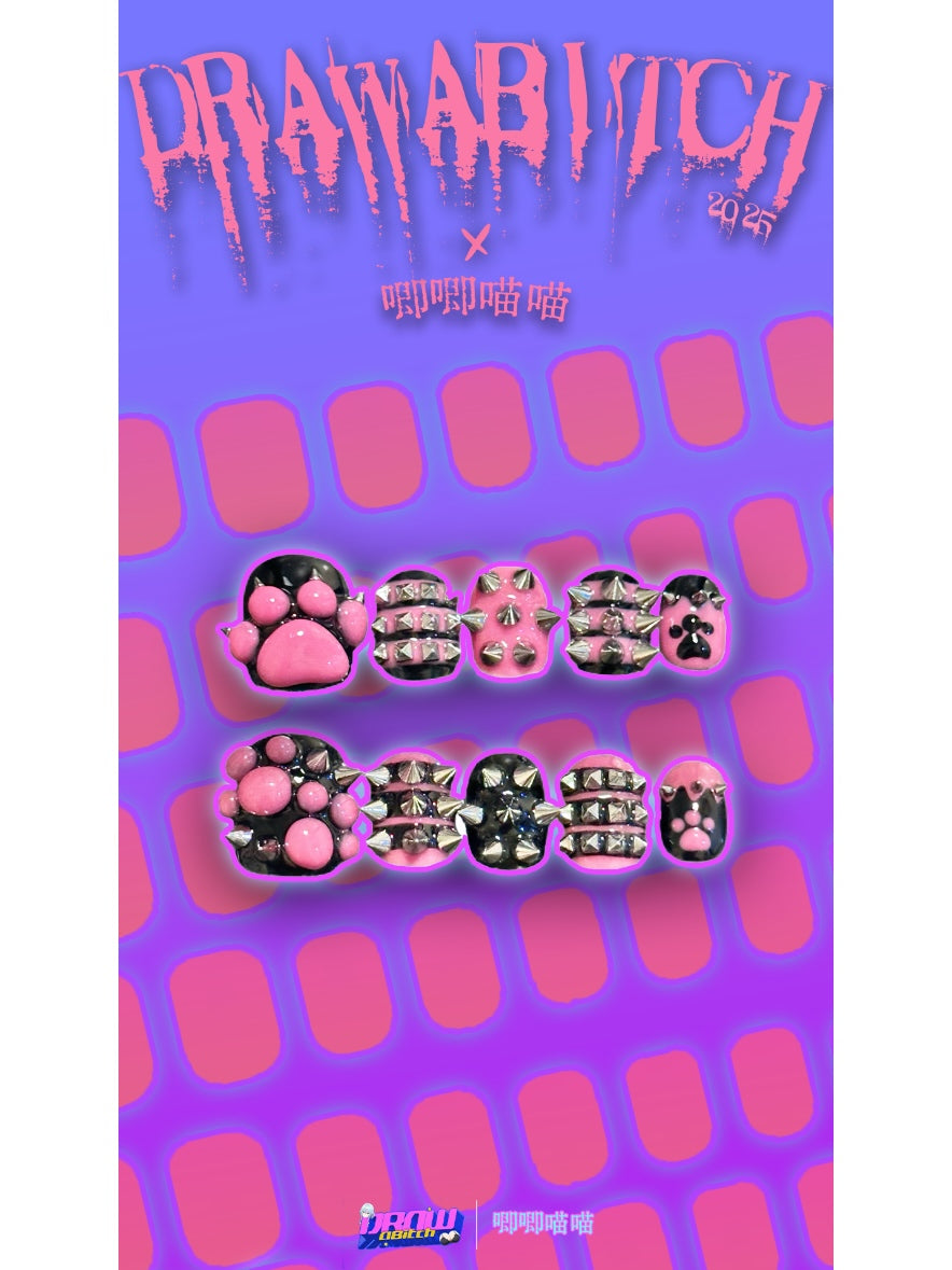 Drawabitch×唧唧喵喵 handmade cat claw black pink nail
