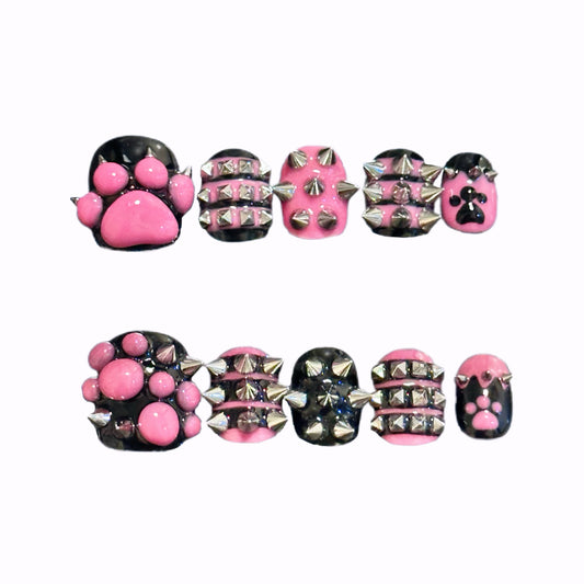 Drawabitch×唧唧喵喵 handmade cat claw black pink nail